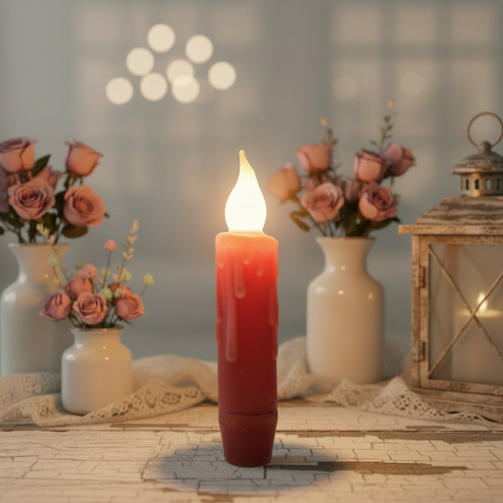 Primitive/Country 4" Battery Operated Red Taper Candle W/Timer - The Primitive Pineapple Collection