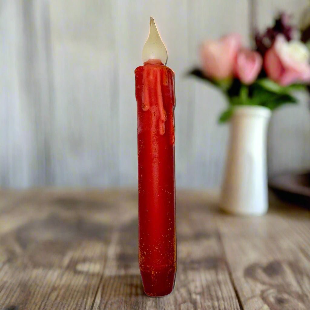 Primitive/Country Red 7" Battery Operated Flameless Taper Candle W/ Timer - The Primitive Pineapple Collection