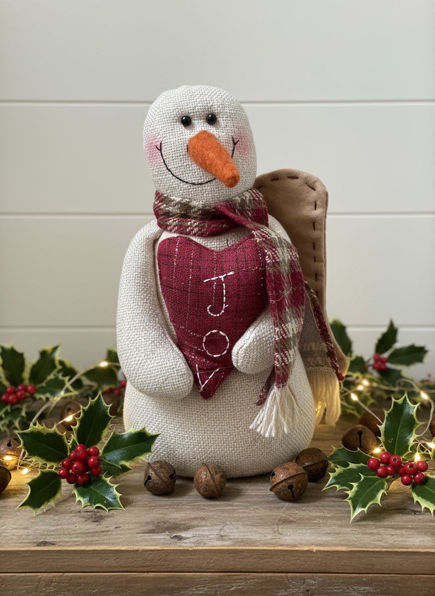 Primitive Christmas 13" Rustic Snowman Angel Doll w/ Joy Pillow - The Primitive Pineapple Collection