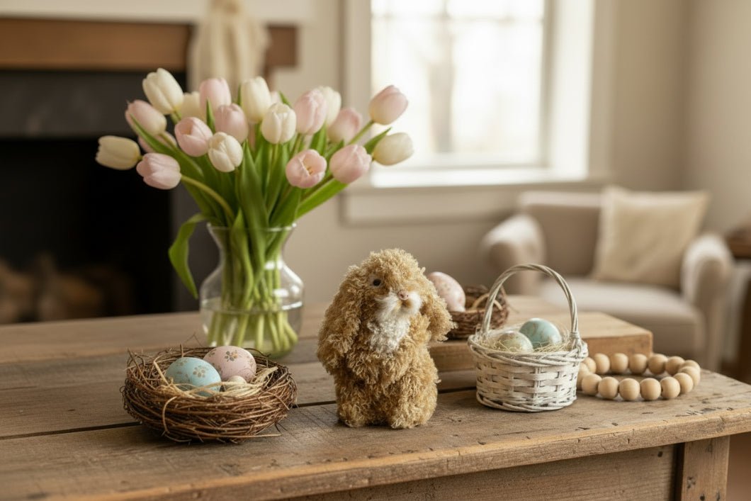 Primitive Ragon House Spring Easter 4.5" Beige Fuzzy Sitting Bunny - The Primitive Pineapple Collection