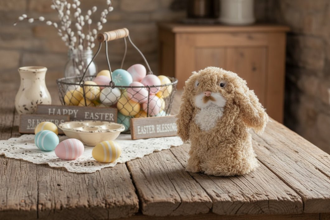 Primitive Ragon House Spring Easter 4.5" Beige Fuzzy Sitting Bunny - The Primitive Pineapple Collection