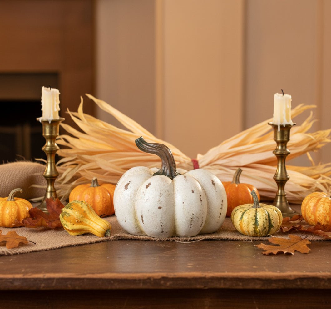 Ragon House Fall Life Like Cream Short Resin Pumpkin w/ Twisted Stem - The Primitive Pineapple Collection