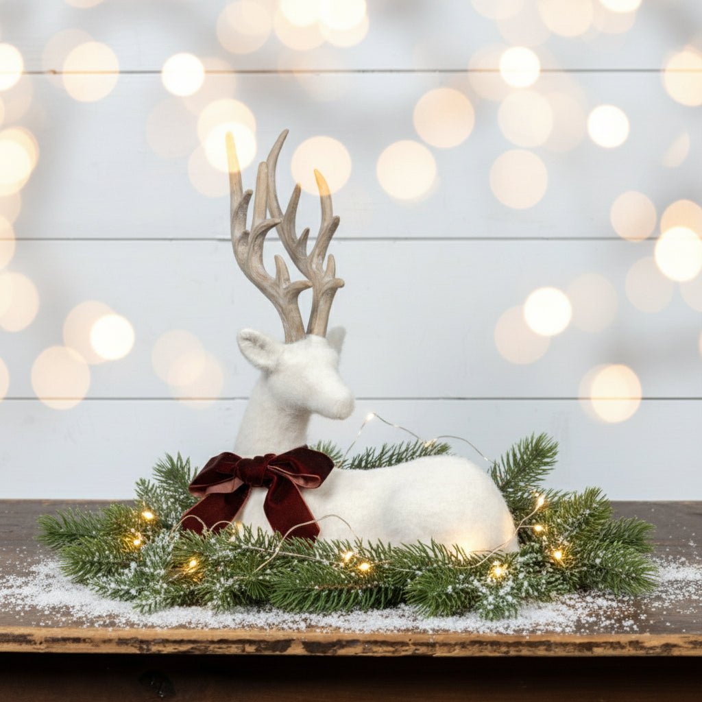 Primitive Ragon House Christmas 15" Cream Felt Deer w/ Ribbon Figurine - The Primitive Pineapple Collection
