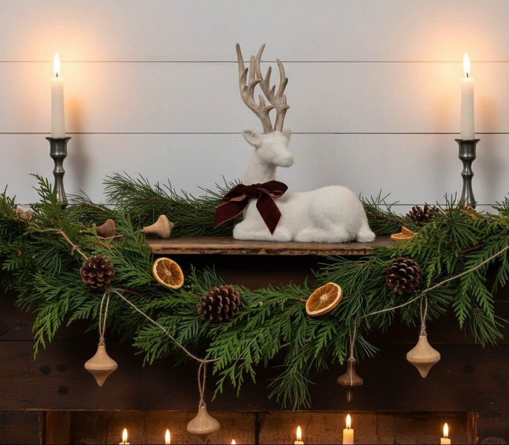 Primitive Ragon House Christmas 15" Cream Felt Deer w/ Ribbon Figurine - The Primitive Pineapple Collection