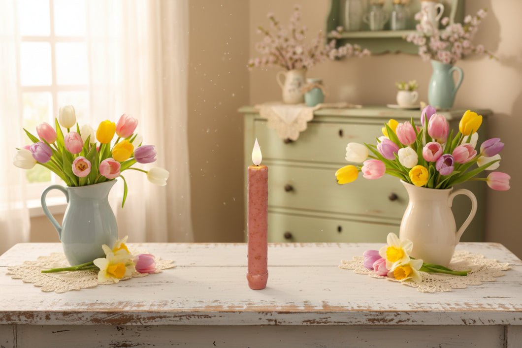 Primitive Spring Easter 6.25" Pink Colored LED Taper Candle w/ Timer - The Primitive Pineapple Collection