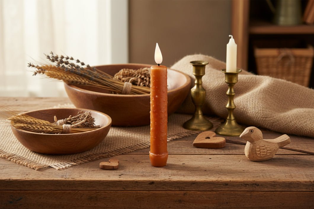 Primitive Rustic 6.25" Orange Colored LED Taper Candle w/ Timer - The Primitive Pineapple Collection