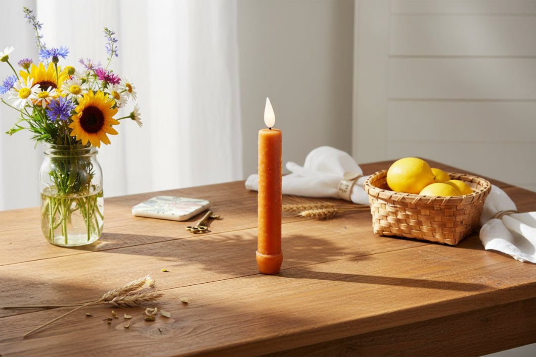 Primitive Rustic 6.25" Orange Colored LED Taper Candle w/ Timer - The Primitive Pineapple Collection