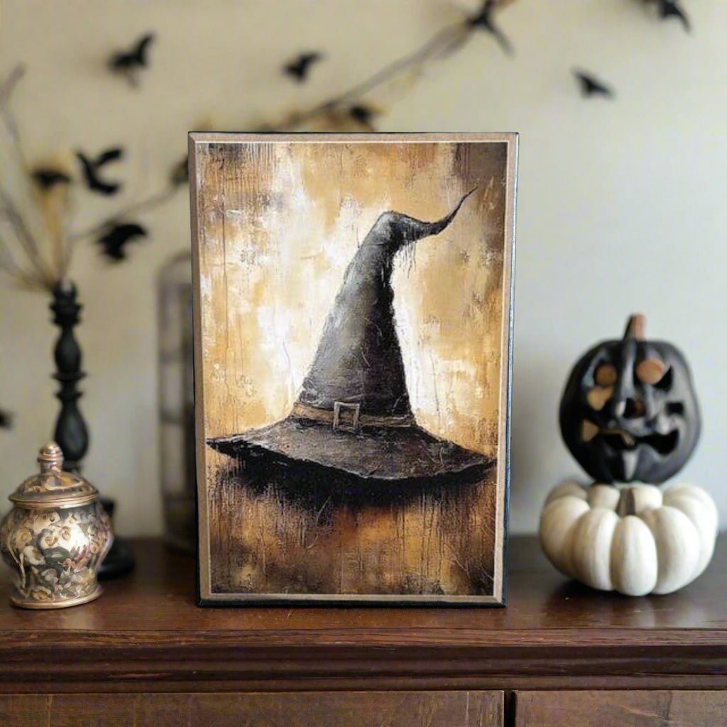 Primitive Halloween Handcrafted Black Witch Hat Block Shelf Sitter - The Primitive Pineapple Collection