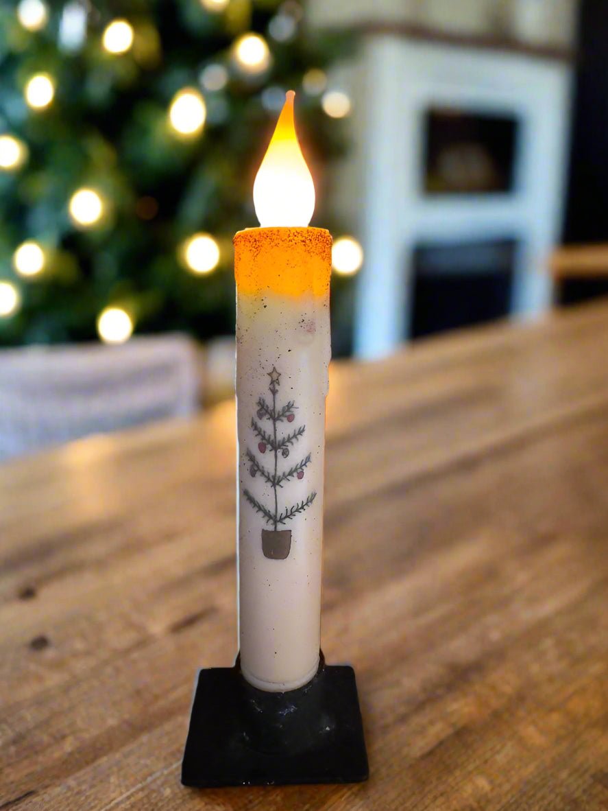 Primitive Christmas 7" Feather Tree LED Timer Taper Candle - The Primitive Pineapple Collection