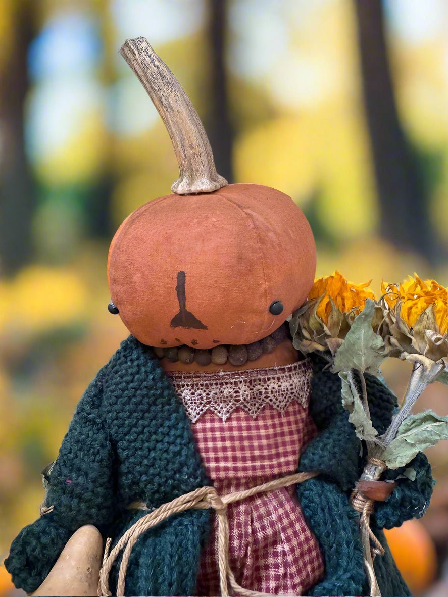Primitive Handcrafted Pumpkin Doll Lynn w/ Gourd 12" - The Primitive Pineapple Collection