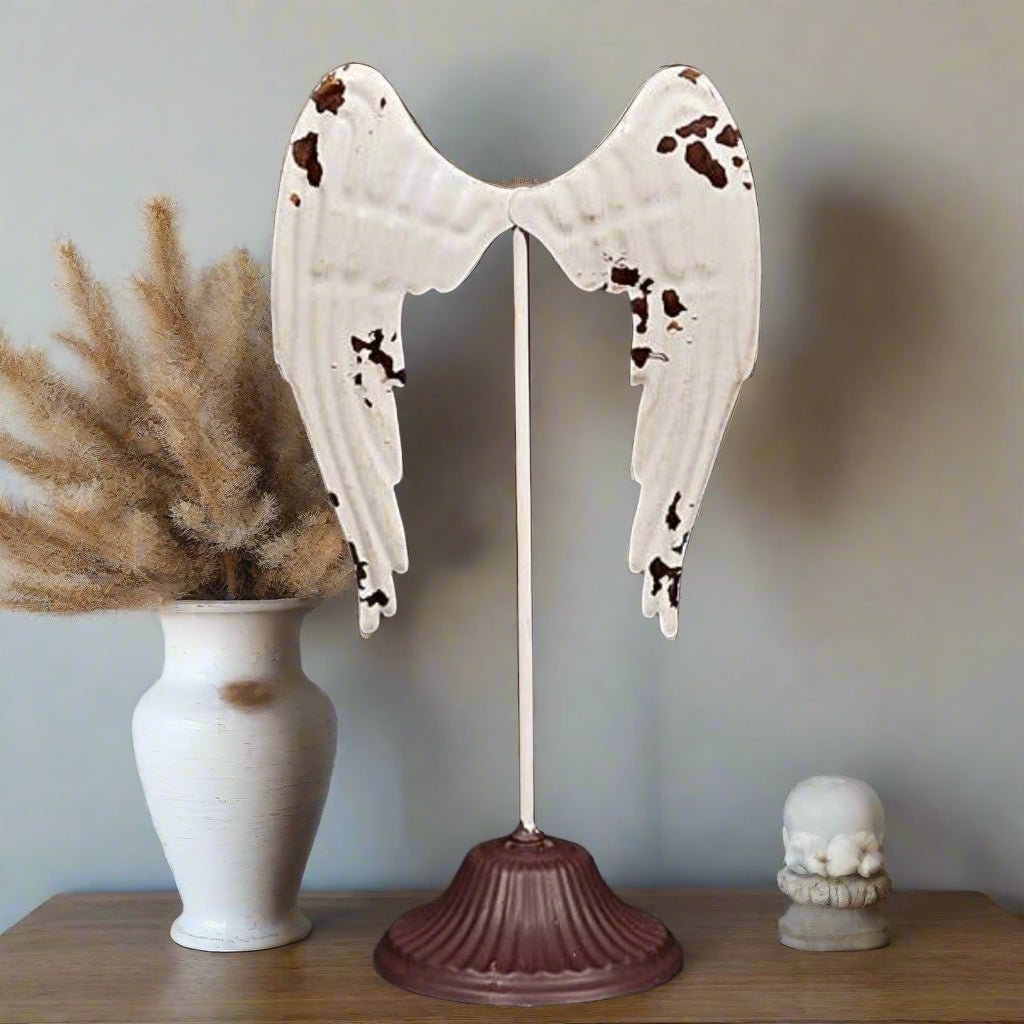 Vintage Looking Metal White Wings on Pedestal 12" - The Primitive Pineapple Collection