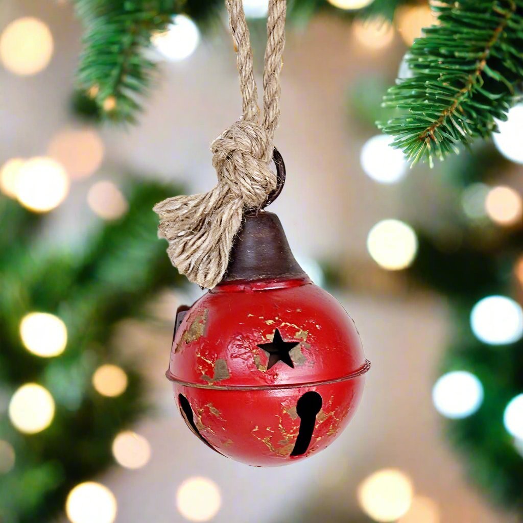 Primitive Christmas 4.75” Red Metal Bell with Jute Hanger - The Primitive Pineapple Collection