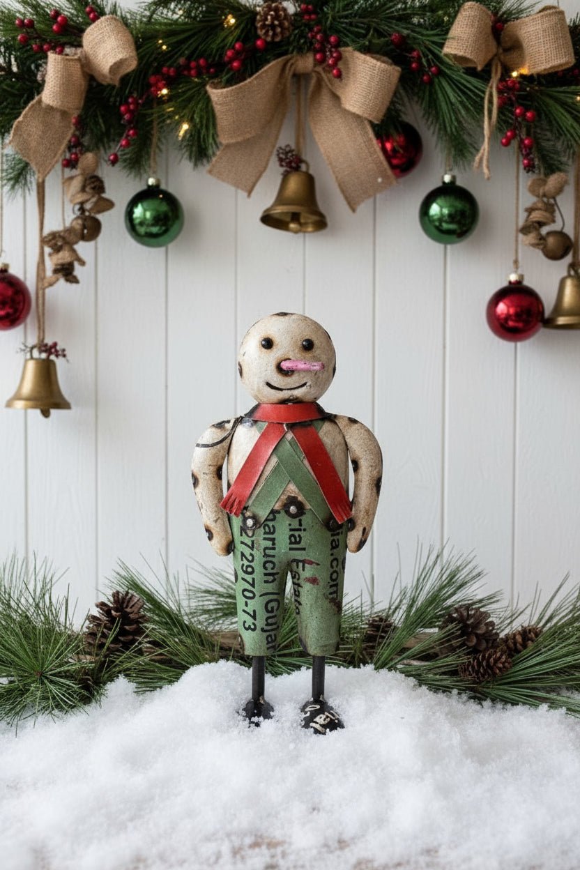 Primitive Christmas 10" Recycled Metal Olaf Snowman w/ Red Scarf - The Primitive Pineapple Collection