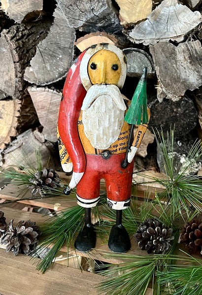 Primitive Christmas 10.5&quot; Recycled Metal Vacation w/ Tree Santa