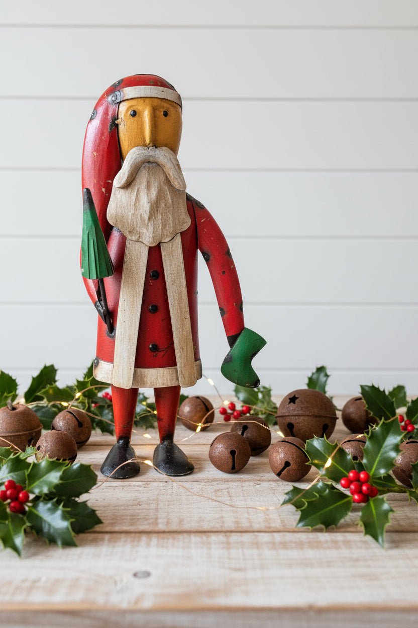 Primitive Christmas 11.25" Recycled Metal Woodland Santa w/ Tree Figurine - The Primitive Pineapple Collection