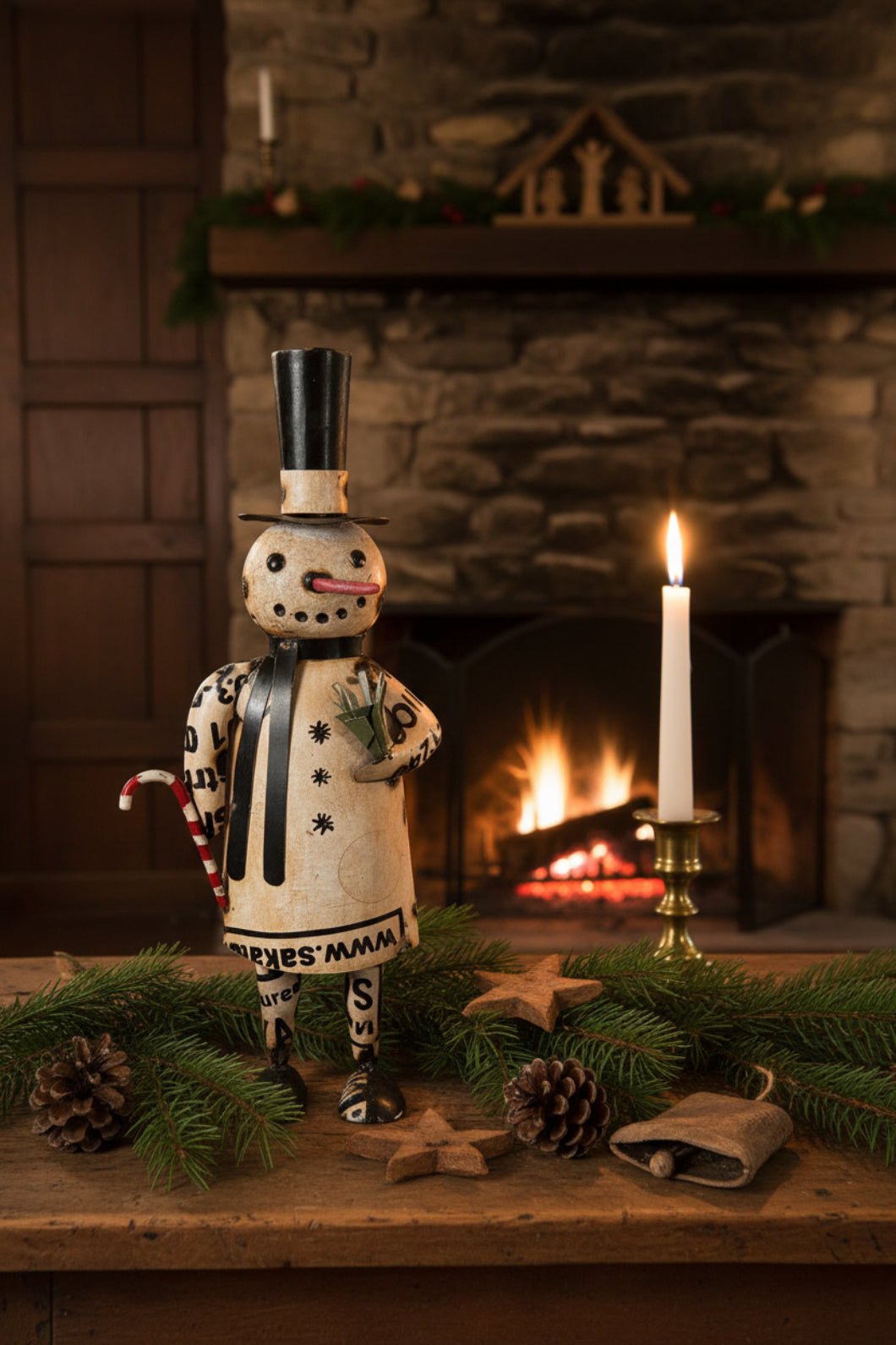 Primitive Christmas 12.5" Recycled Metal Snowman w/ Top Hat and Candy Cane - The Primitive Pineapple Collection