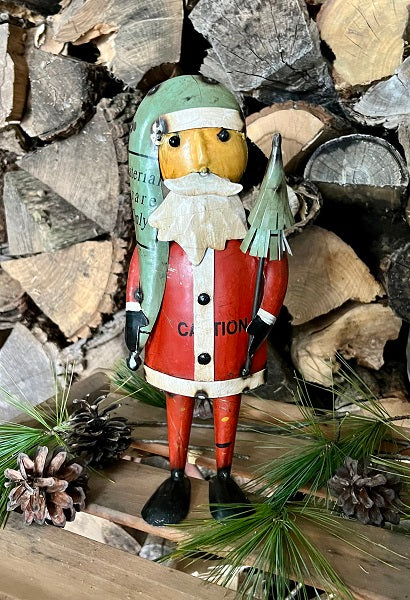 Primitive Christmas 10.5&quot; Recycled Metal Father Christmas Santa w/ Tree
