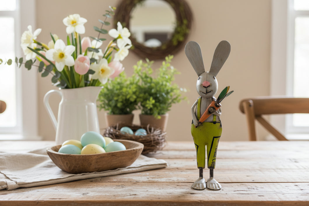 Primitive Spring Easter Recycled Metal Larry Bunny with Carrot Figurine 12" - The Primitive Pineapple Collection