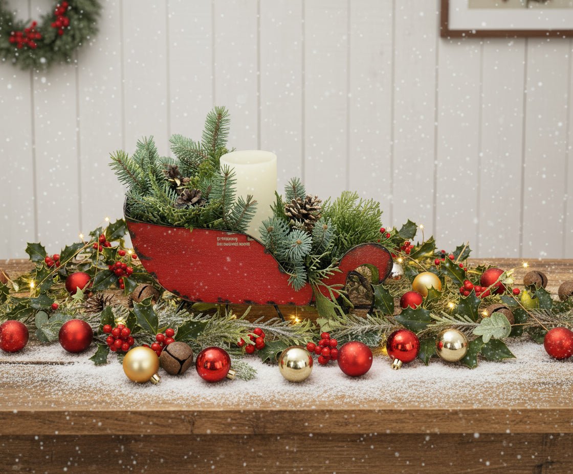 Primitive Christmas 13.5" Recycled Metal Tabletop Red Santa Sleigh Figurine - The Primitive Pineapple Collection
