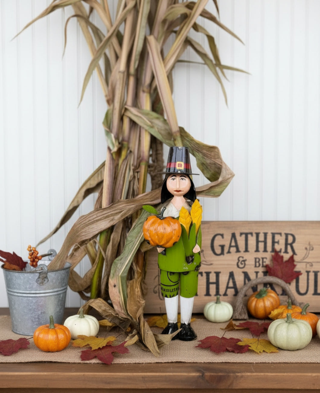Primitive Fall Thanksgiving Recycled Metal 11.5" Pilgrim w/ Pumpkin/Corn - The Primitive Pineapple Collection