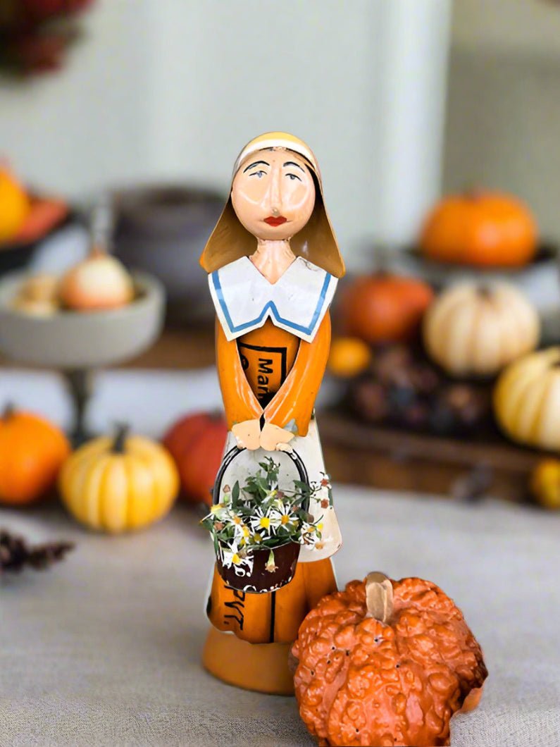 Primitive Fall Thanksgiving Recycled Metal 11.25" Pilgrim Woman w/ Pail - The Primitive Pineapple Collection