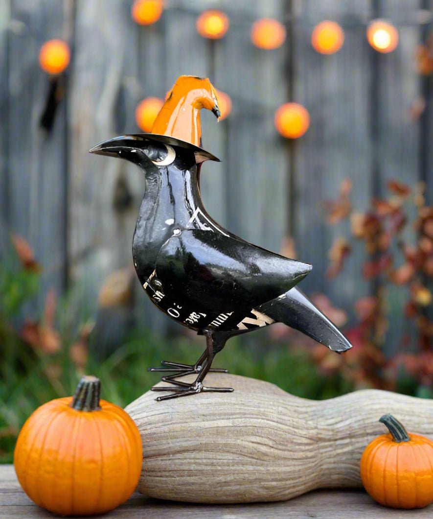 Primitive Halloween Fall Recycled Metal Black Crow w/ Witch Hat 11" - The Primitive Pineapple Collection