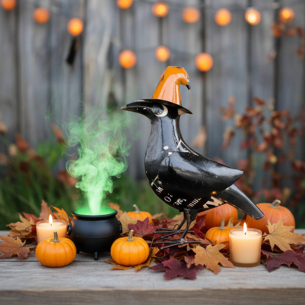 Primitive Halloween Fall Recycled Metal Black Crow w/ Witch Hat 11" - The Primitive Pineapple Collection