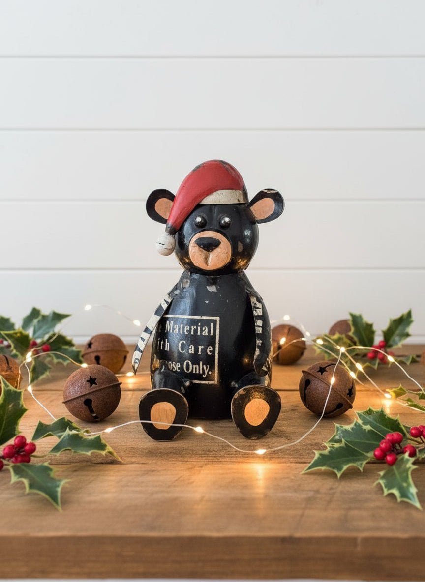 Primitive Christmas 9" Recycled Metal Christmas Bear w/ Santa Hat Figurine - The Primitive Pineapple Collection