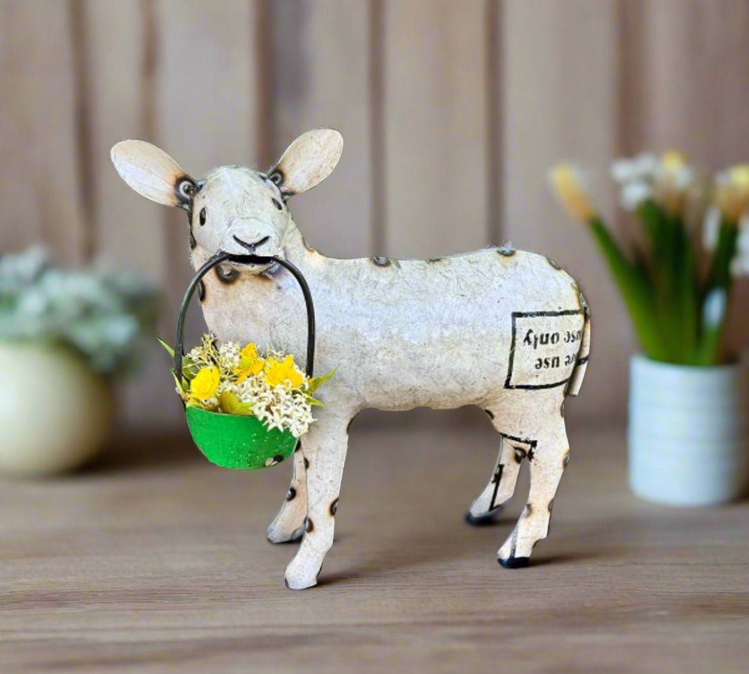 Primitive Spring Easter Recycled Metal Sadie Sheep Holding Basket 9.5" - The Primitive Pineapple Collection