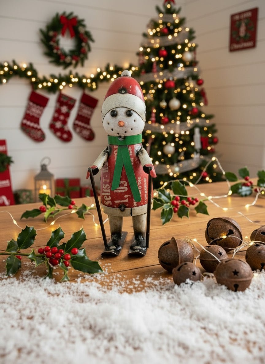 Primitive Christmas 12.25" Recycled Metal Stuart Snowman with Ski&