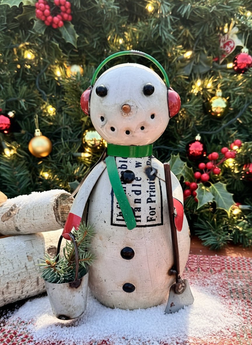 Primitive Christmas 11.75" Recycled Metal Buddy Snowman w/Earmuffs Figurine - The Primitive Pineapple Collection
