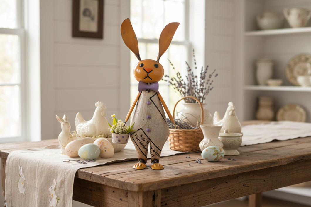 Primitive Spring Easter Recycled Metal Hutch Bunny with Easter Basket Figurine 14.5" - The Primitive Pineapple Collection