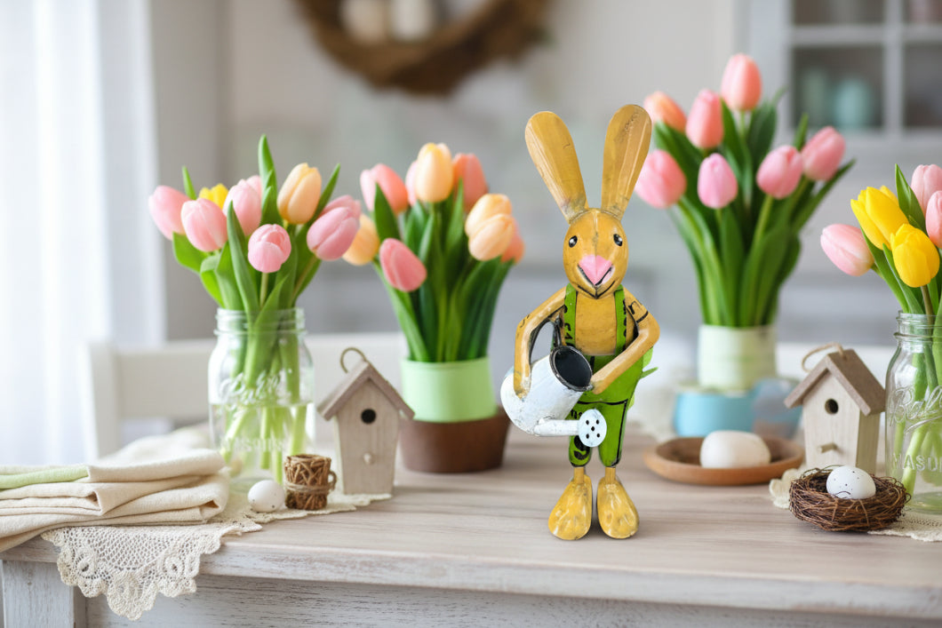 Primitive Spring Easter Recycled Metal Pepper Bunny with Watering Can Figurine 12" - The Primitive Pineapple Collection