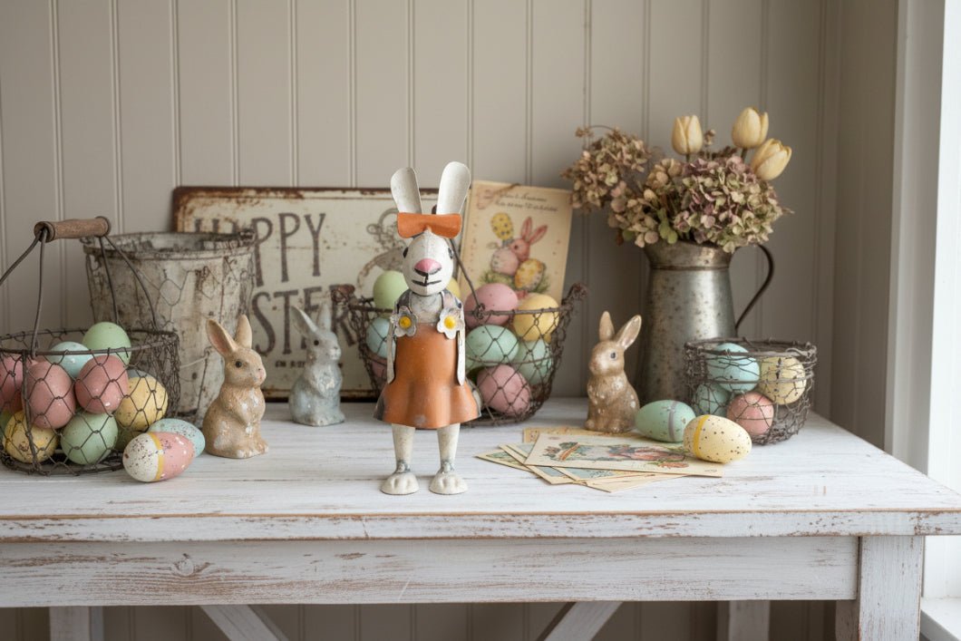 Primitive Spring Easter Recycled Metal Peaches Baby Bunny Figurine 8" - The Primitive Pineapple Collection