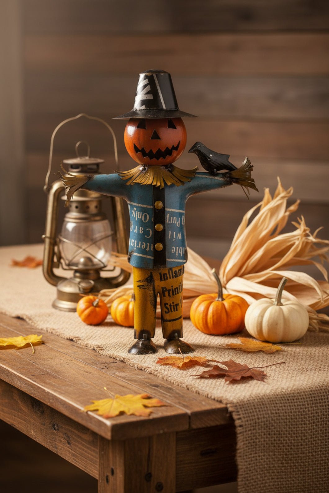 Primitive Halloween Recycled Metal Scarecrow with Crow Figurine - The Primitive Pineapple Collection