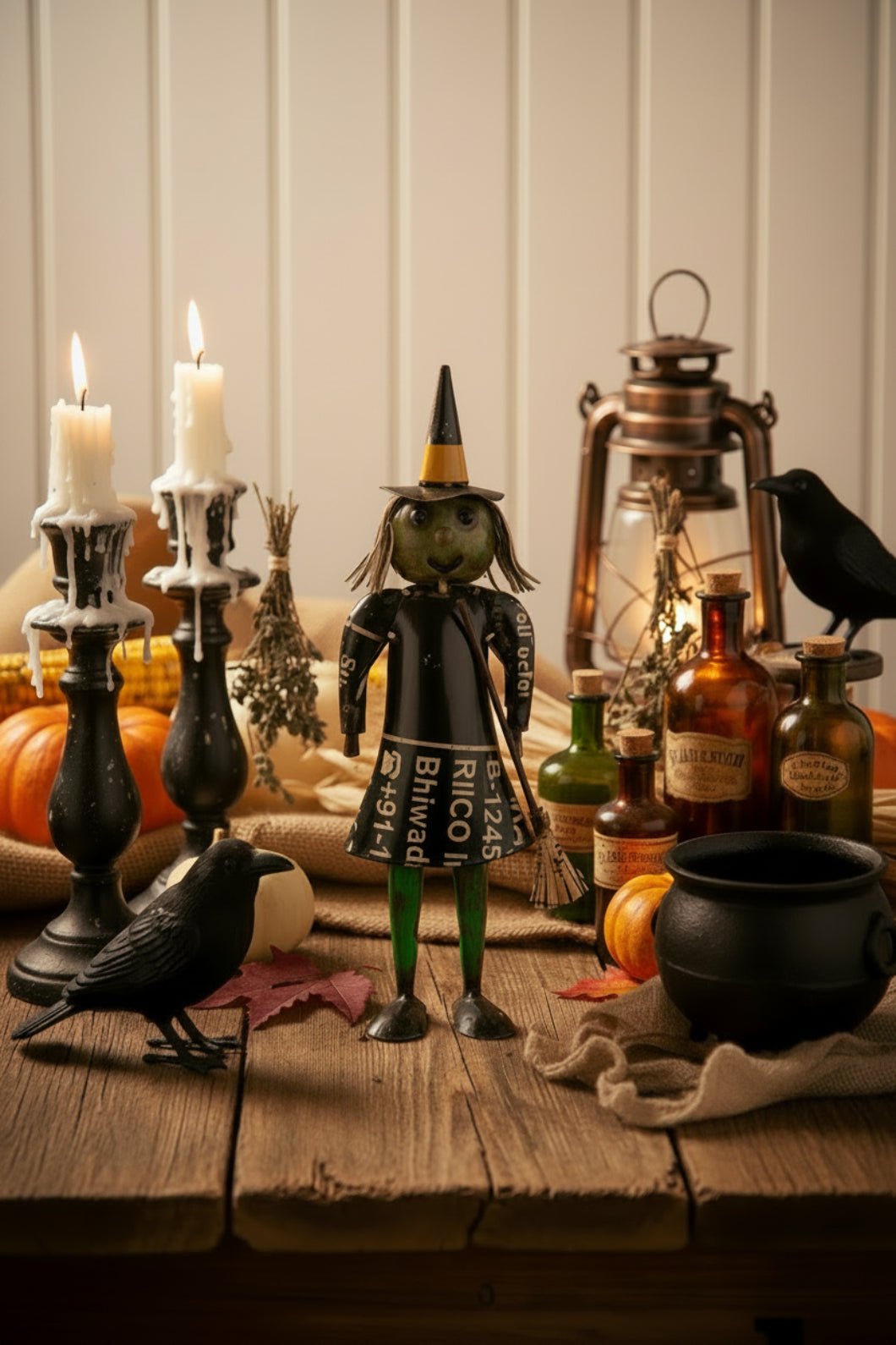 Primitive Halloween Recycled Metal Willa the Happy Witch with Broom 12.5" - The Primitive Pineapple Collection