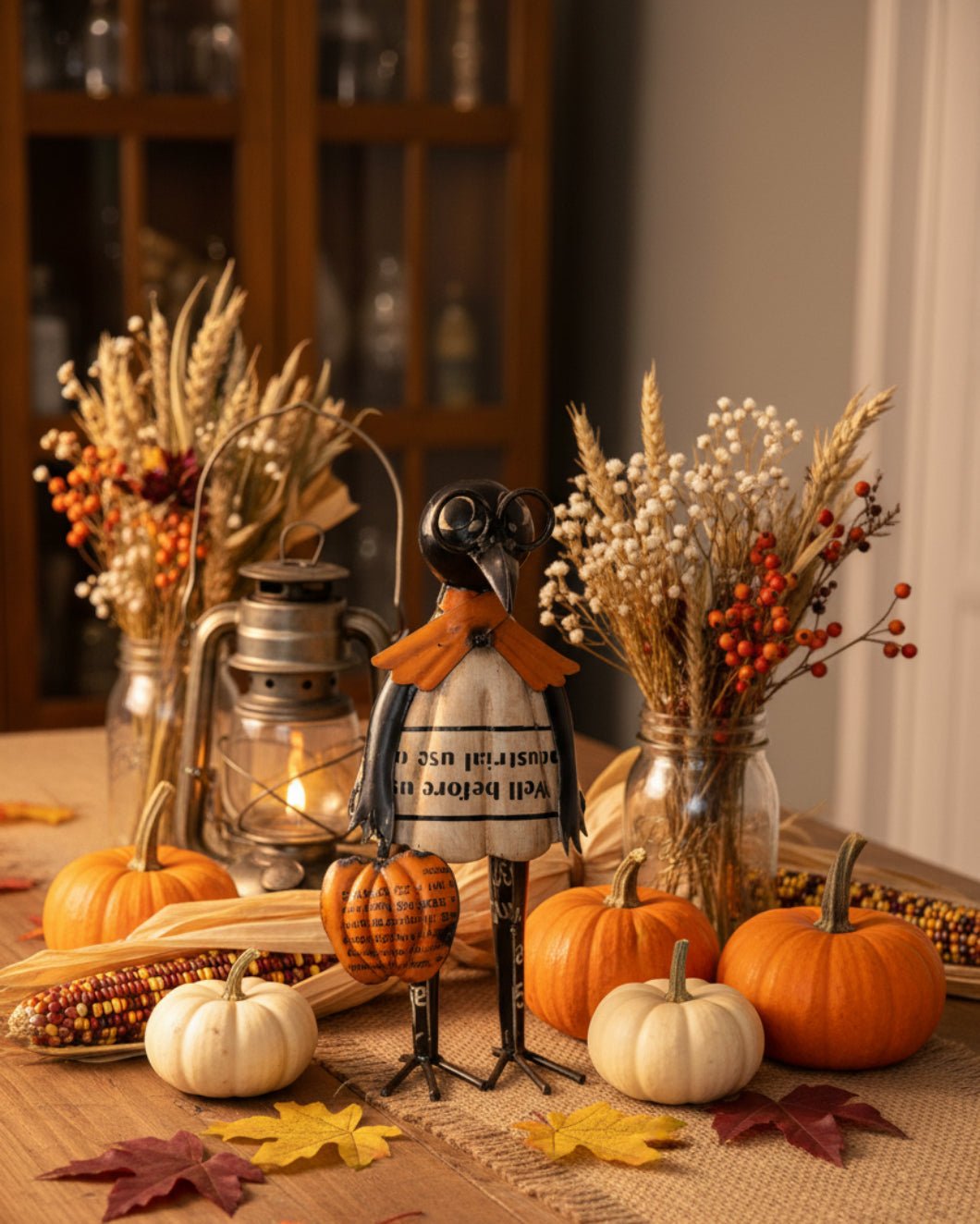 Primitive Halloween Fall Recycled Metal Black Crow w/ Pumpkin 10.5" - The Primitive Pineapple Collection