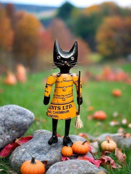 Primitive Halloween Recycled Metal Luna Black Cat w/ Broom 11.5" - The Primitive Pineapple Collection