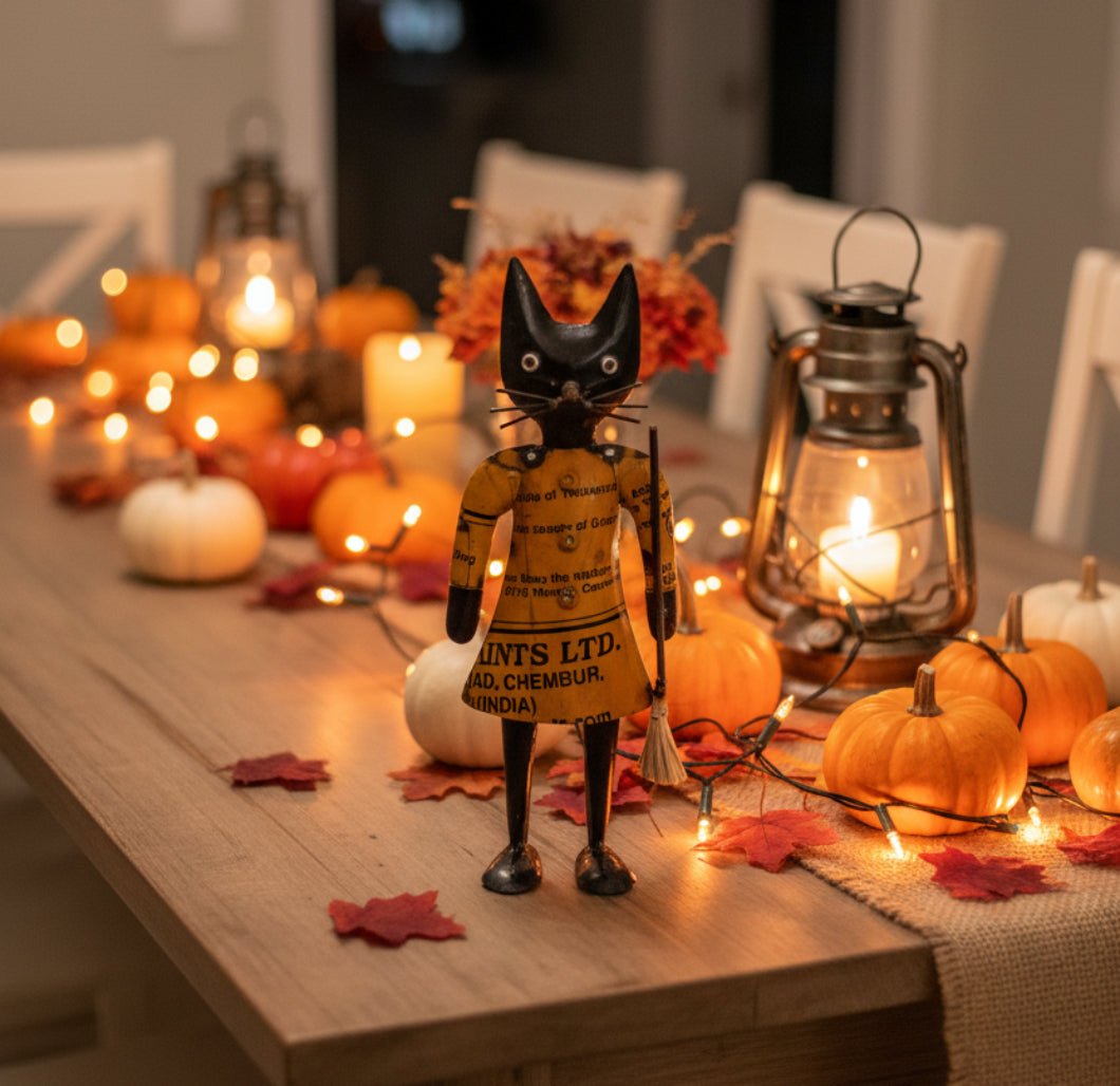 Primitive Halloween Recycled Metal Luna Black Cat w/ Broom 11.5" - The Primitive Pineapple Collection