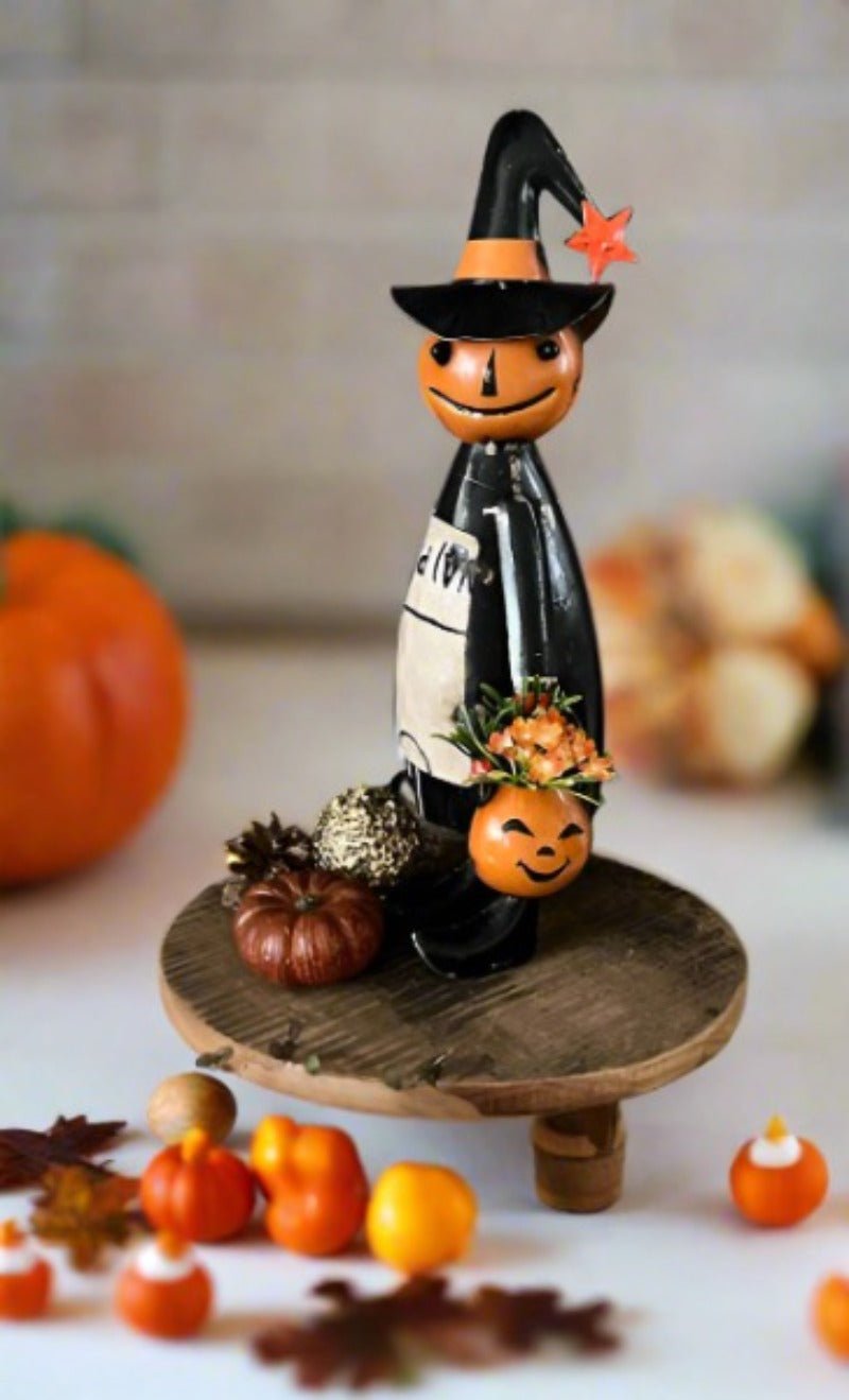 Primitive Halloween Recycled Metal Pumpkin Witch Girl w/ Pail 16" - The Primitive Pineapple Collection