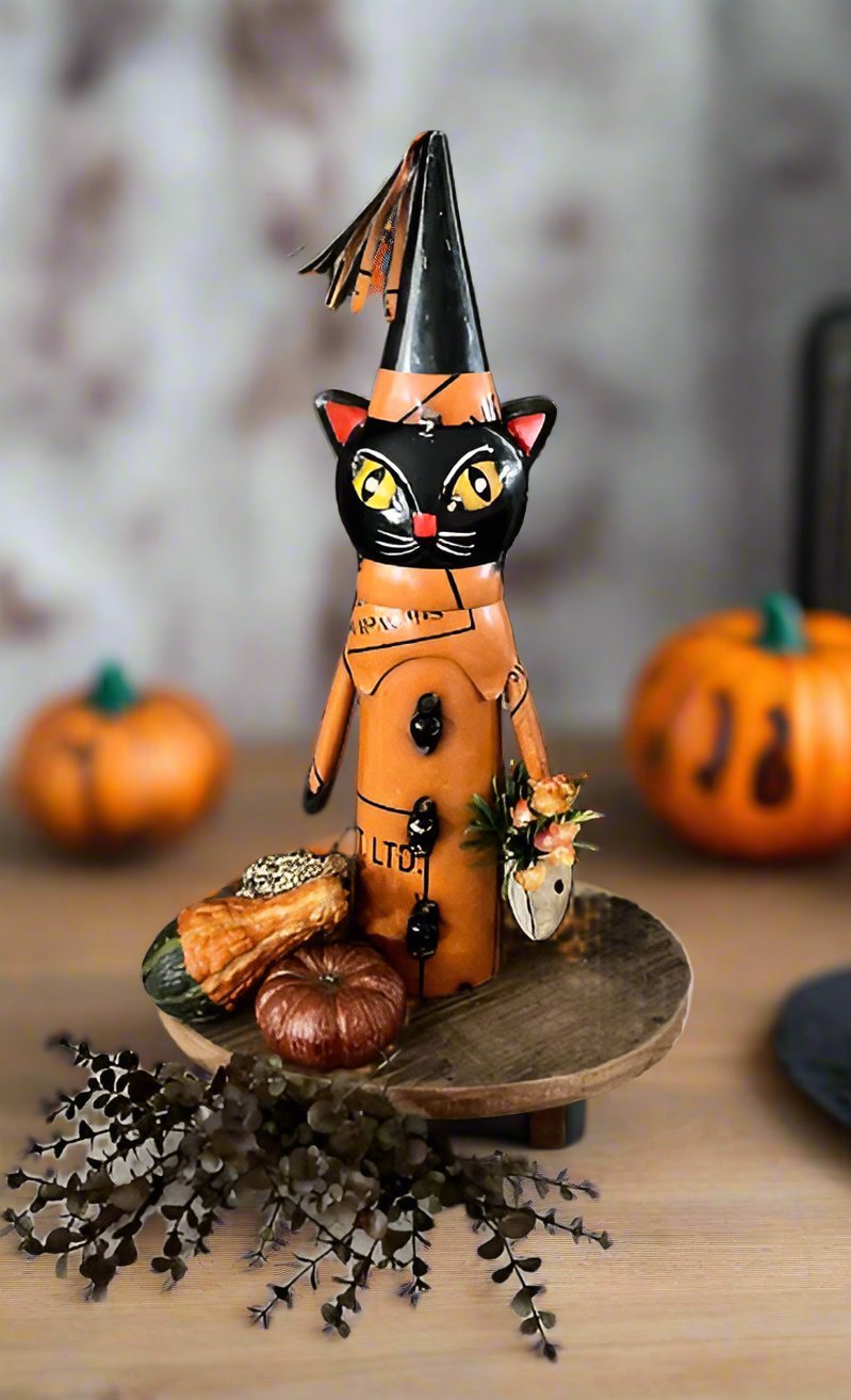 Primitive Halloween Recycled Metal Black Cat with Skull Pail 16.5" - The Primitive Pineapple Collection