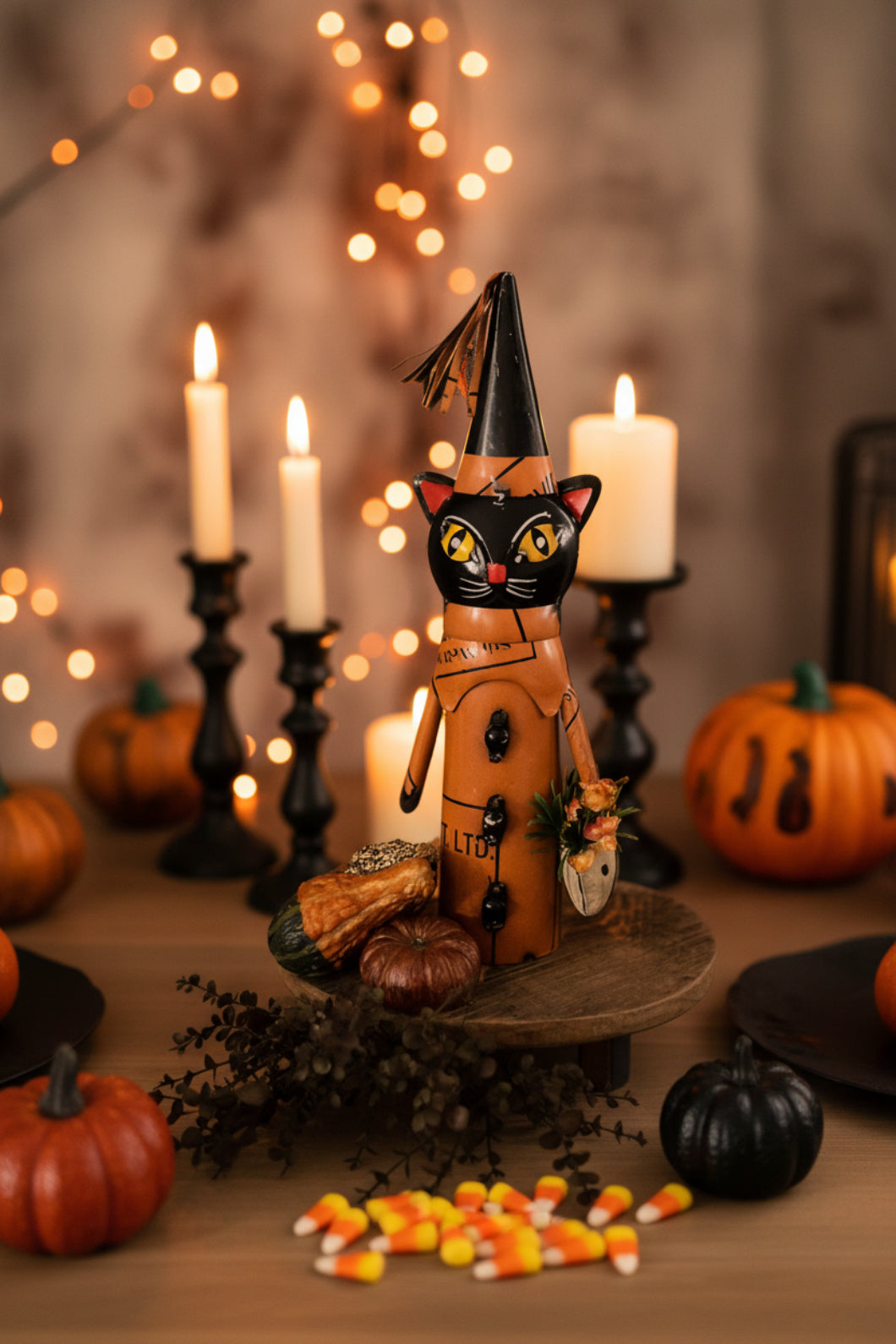 Primitive Halloween Recycled Metal Black Cat with Skull Pail 16.5" - The Primitive Pineapple Collection