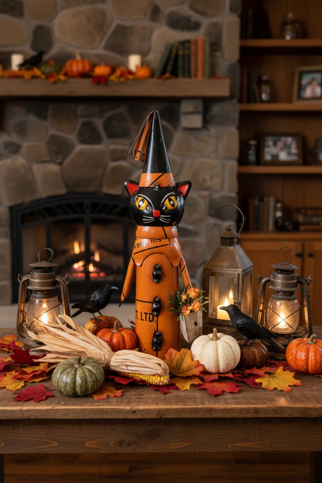 Primitive Halloween Recycled Metal Black Cat with Skull Pail 16.5" - The Primitive Pineapple Collection