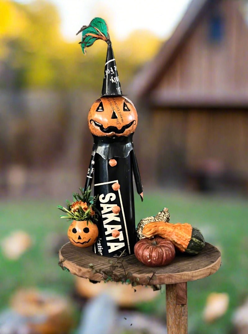 Primitive Halloween Recycled Metal Pumpkin Man w/ Jack O Lantern Bucket 16" - The Primitive Pineapple Collection