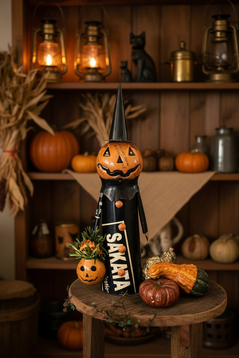 Primitive Halloween Recycled Metal Pumpkin Man w/ Jack O Lantern Bucket 16" - The Primitive Pineapple Collection