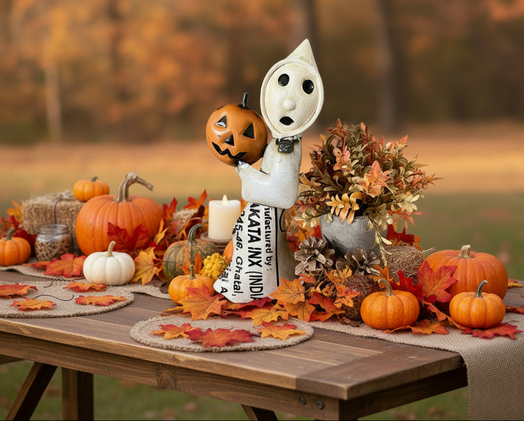 Primitive Halloween Recycled Metal Retro Ghost with Jack O Lantern 11" - The Primitive Pineapple Collection