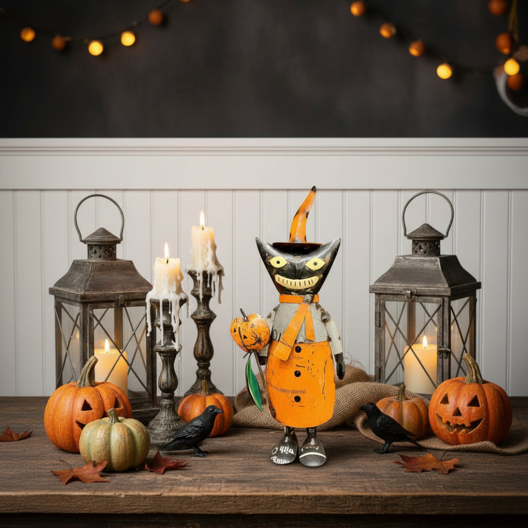 Primitive Halloween Recycled Metal Chesire Cat w/ Pumpkin 14" - The Primitive Pineapple Collection