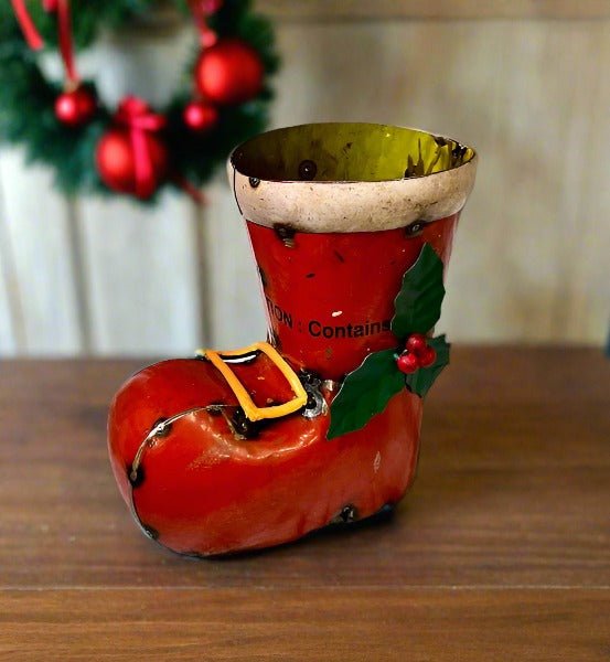 Primitive Christmas 8" Vintage Look Recycled Metal Santa Boot w/ Holly Buckle - The Primitive Pineapple Collection