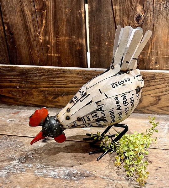Primitive Farmhouse Recycled Metal 11.5" White Pecking Chicken Figurine - The Primitive Pineapple Collection