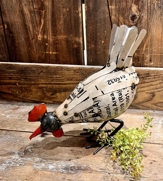 Primitive Farmhouse Recycled Metal 11.5&quot; White Pecking Chicken Figurine